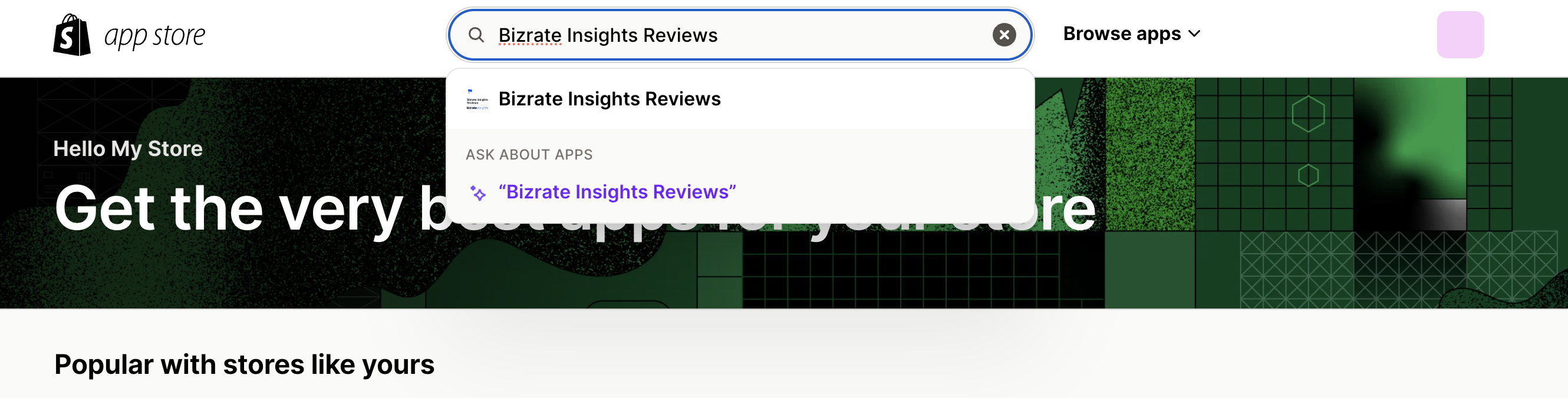 Image of search bar in Shopify app store searching for "Bizrate Insights Reviews"